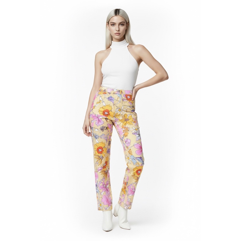 Keith Kelly NYC Floral Carpenter Pants Yellow Pink Straight Utility Small 263 - Picture 2 of 7